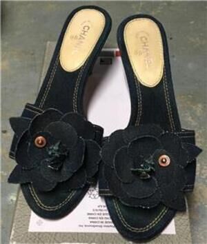 Gorgeous Auth Chanel Camellia Denim Heels Sandals Size 37 1/2 US 7 1/2